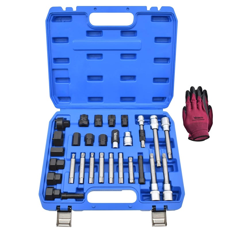 Yuesstloo 30PCS Alternator Pulley Remove Install Tool Kit, Compatible with VW Audi Ford BMW Benz Volvo GM Toyota Buick Chevrolet, Alternator Decoupler Pulley Tool, Clutch Freewheel Removal Socket Bit Set - Image 1